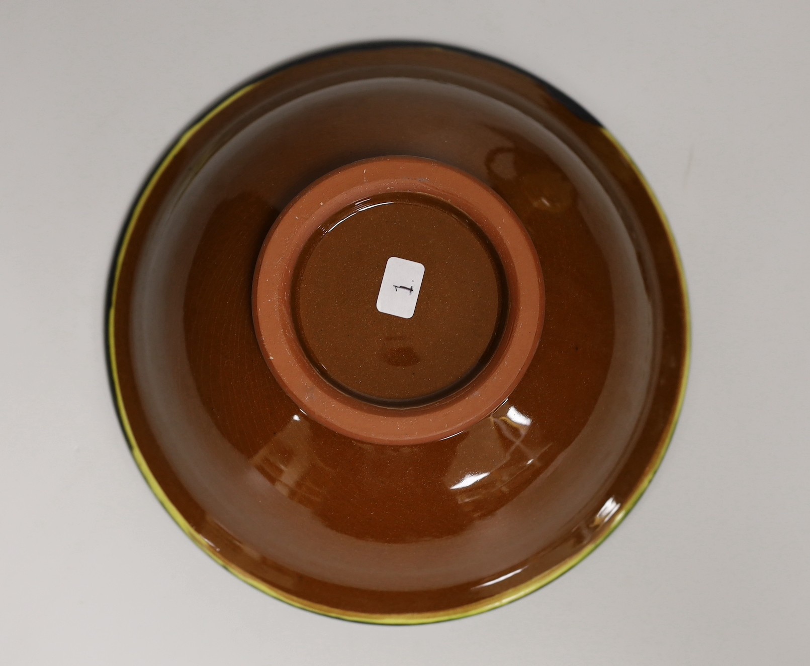 Margaret Brompton studio pottery bowl with insects, together with a slipware jug, a Longpark, Torquay small cockerel jug, and a Susan Juniper slipware jug, largest 21cm diameter, (4)